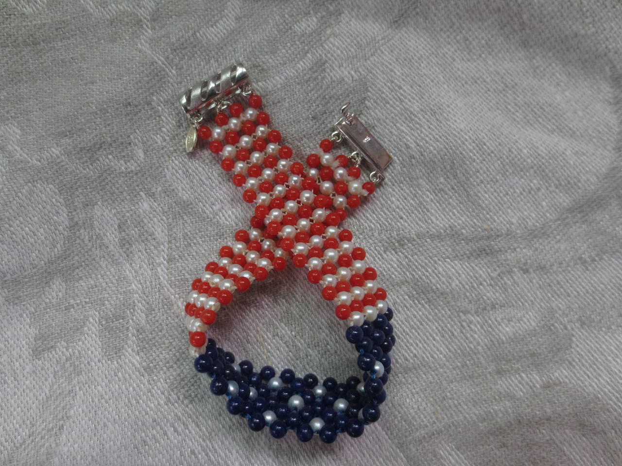Pearl, Lapis & Coral Bead Bracelet woven in American flag pattern. 3