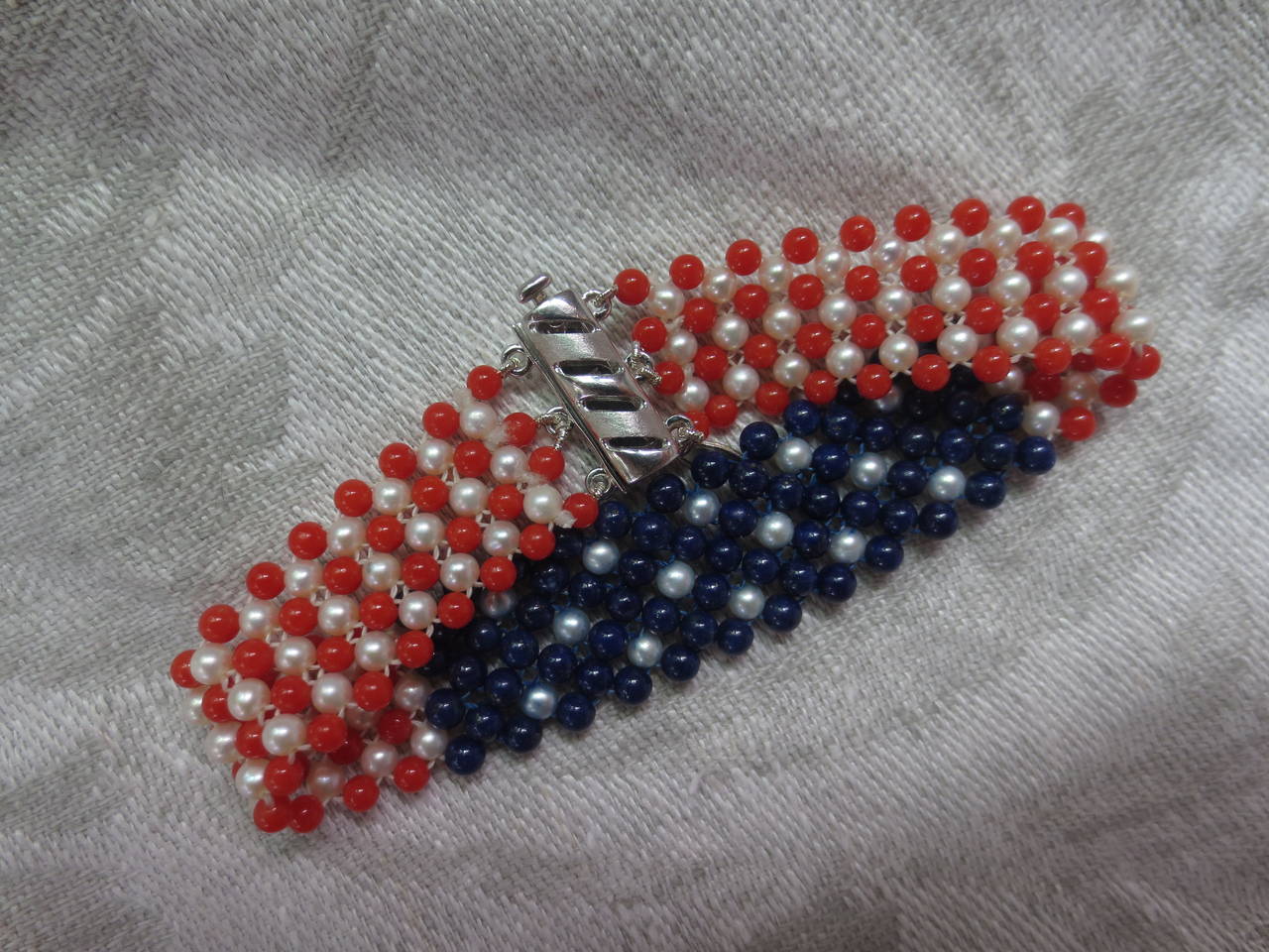 Pearl, Lapis & Coral Bead Bracelet woven in American flag pattern. 4