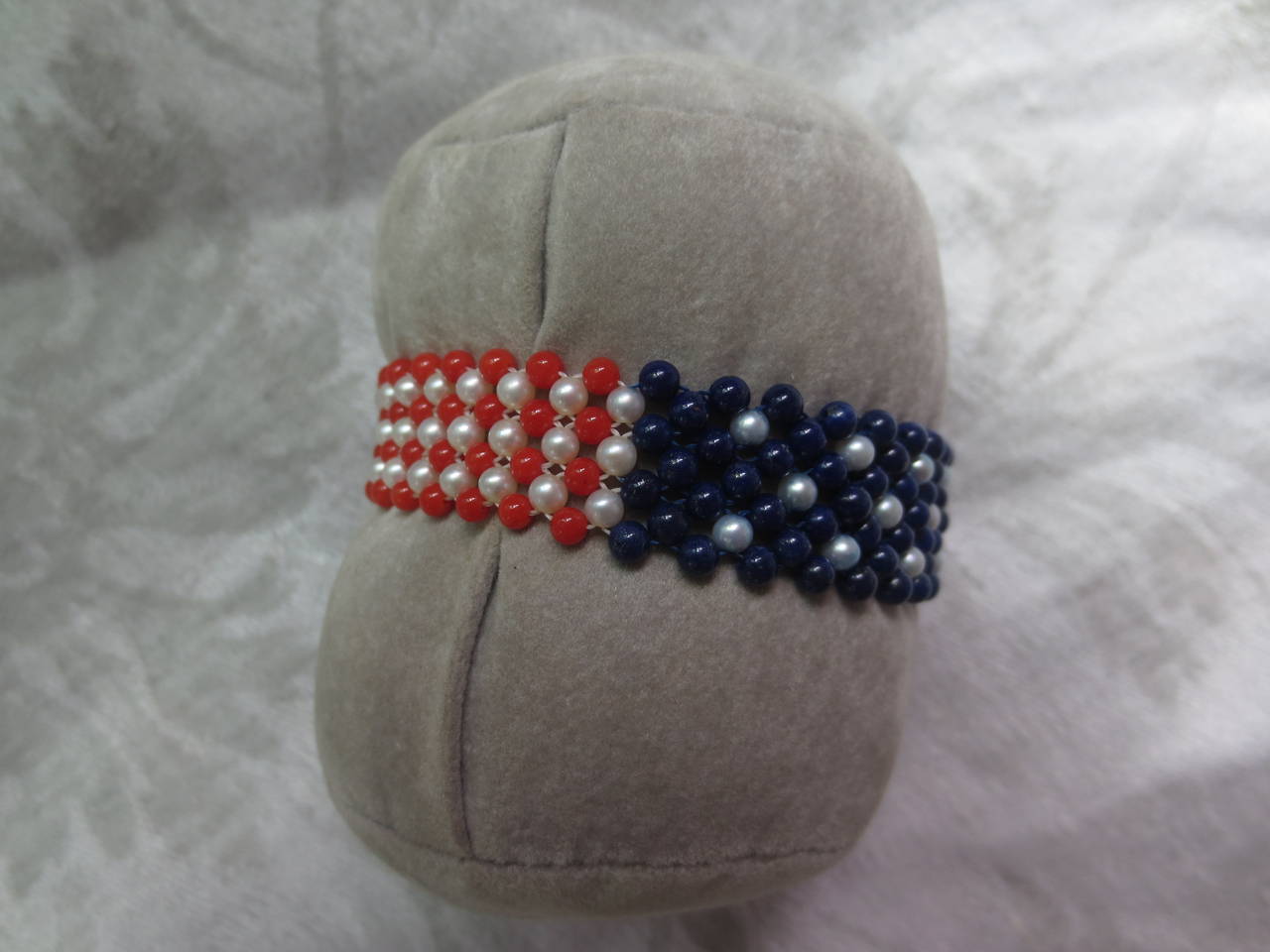 Pearl, Lapis & Coral Bead Bracelet woven in American flag pattern. In New Condition In Los Angeles, CA