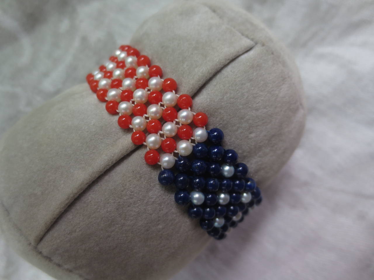 Pearl, Lapis & Coral Bead Bracelet woven in American flag pattern. 1