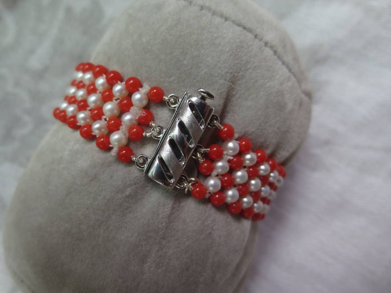 Women's Pearl, Lapis & Coral Bead Bracelet woven in American flag pattern.