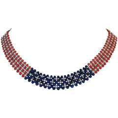 Woven Pearl Coral Lapis Lazuli "American Flag" Necklace