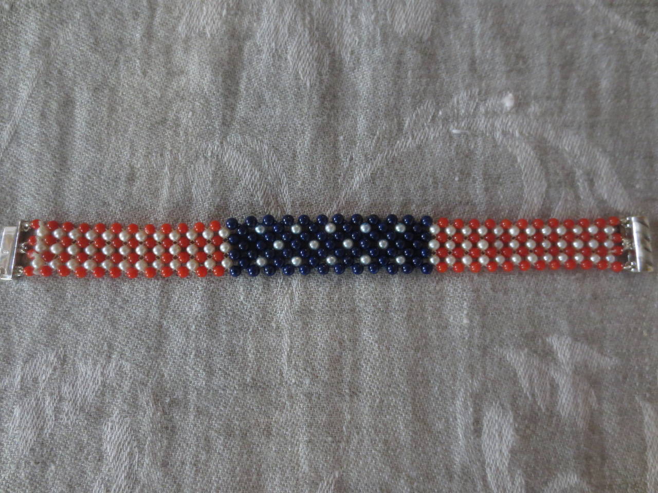 Pearl, Lapis & Coral Bead Bracelet woven in American flag pattern. 6