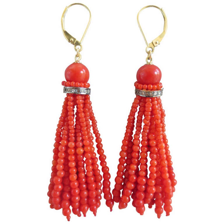 Red Coral Tassel Earrings at 1stDibs