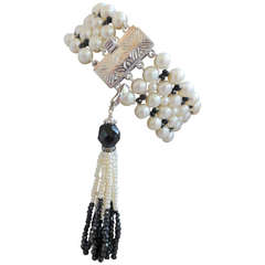 Art Deco Inspired Woven Pearl and Onyx Bracelet with Tassel and Sterling Silver 