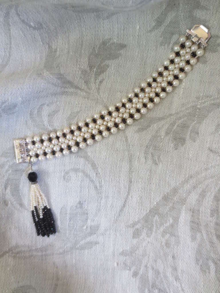 Artist Art Deco Inspired Woven Pearl and Onyx Bracelet with Tassel and Sterling Silver 