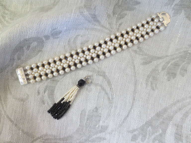 Art Deco Inspired Woven Pearl and Onyx Bracelet with Tassel and Sterling Silver  In New Condition In Los Angeles, CA