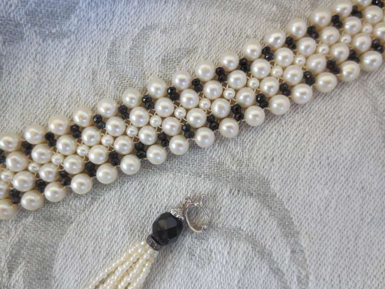 Women's Art Deco Inspired Woven Pearl and Onyx Bracelet with Tassel and Sterling Silver 