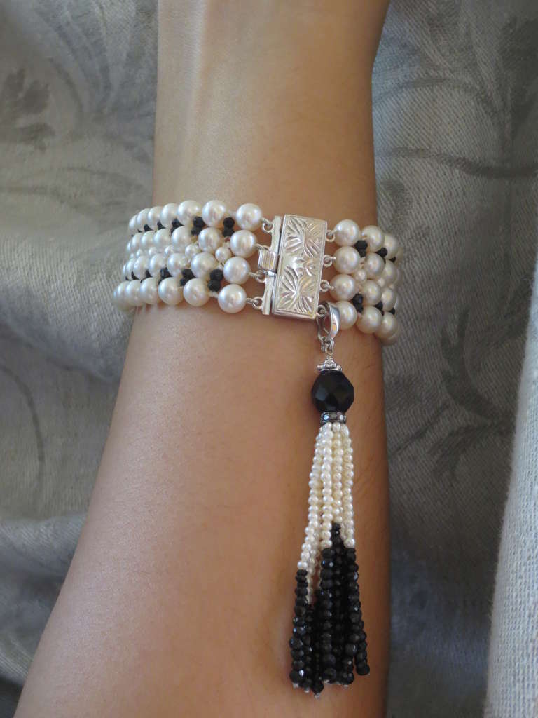 Art Deco Inspired Woven Pearl and Onyx Bracelet with Tassel and Sterling Silver  1