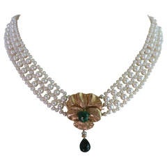 Marina J Woven Pearl Necklace with Emerald Yellow Gold Floral Centerpiece 4