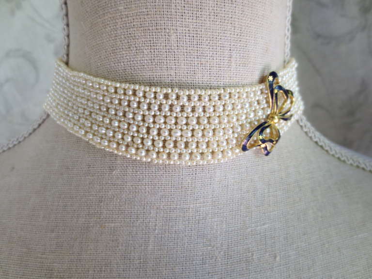 Blue Enamel Ribbon and Pearl Choker In Excellent Condition In Los Angeles, CA