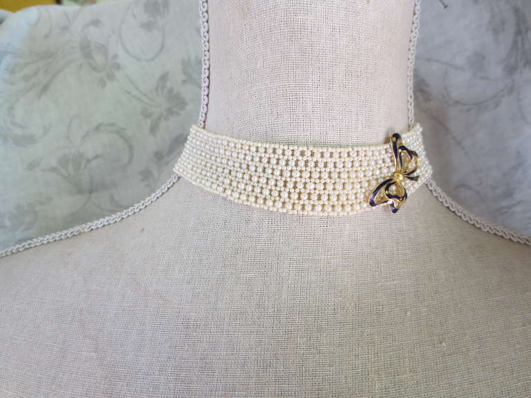 Blue Enamel Ribbon and Pearl Choker 1