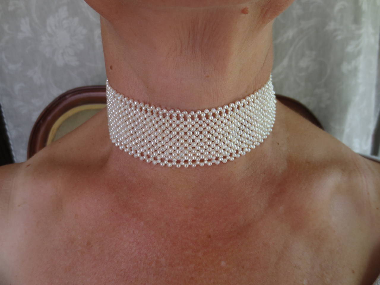 Women's  Woven White Pearl Choker Necklace with 14 k Yellow Gold Clasp