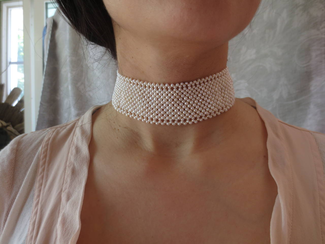  Woven White Pearl Choker Necklace with 14 k Yellow Gold Clasp In New Condition In Los Angeles, CA