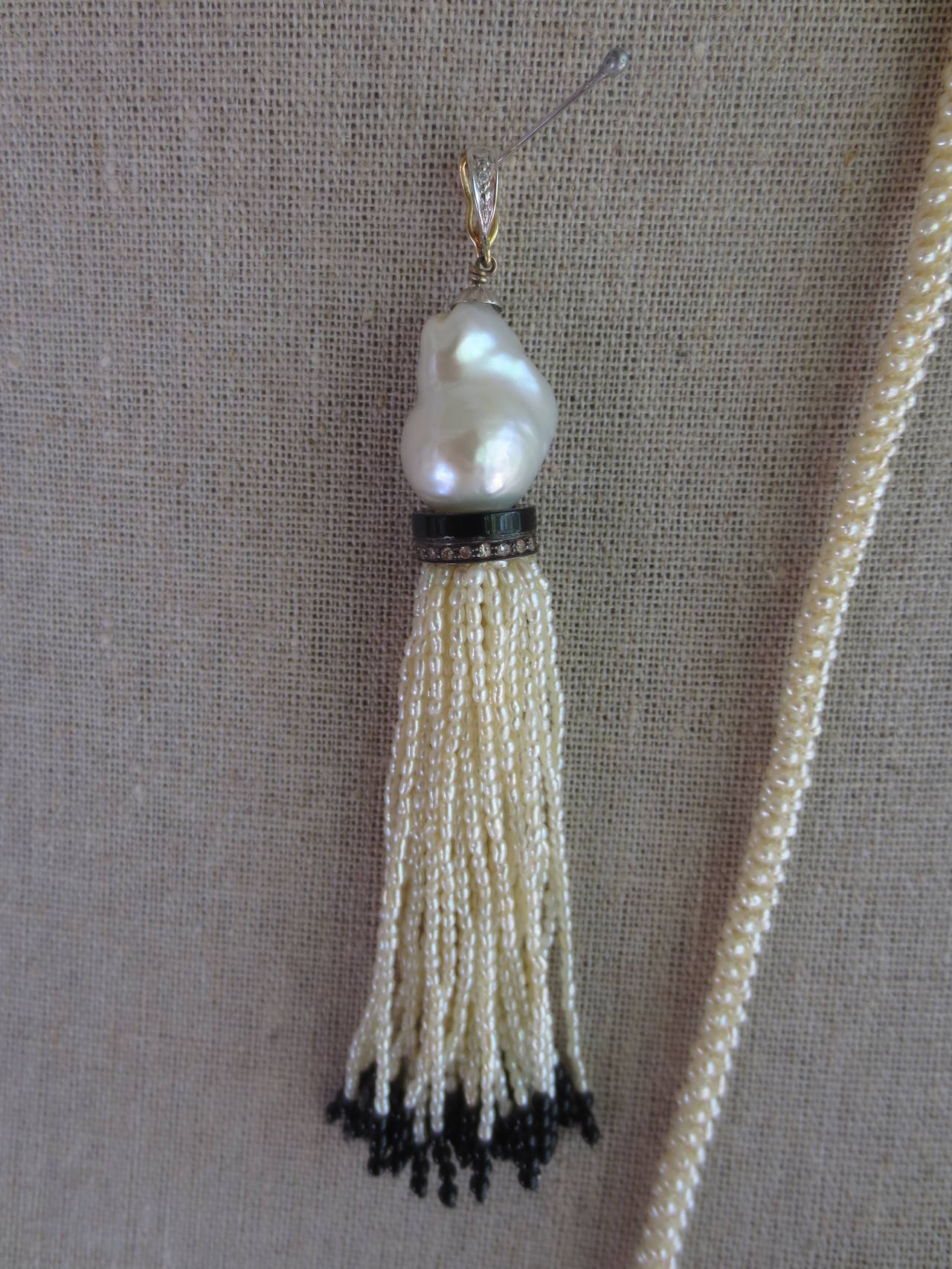  Seed Pearl Rope Sautoir with Pearl and Onyx Tassel by Marina J In New Condition In Los Angeles, CA