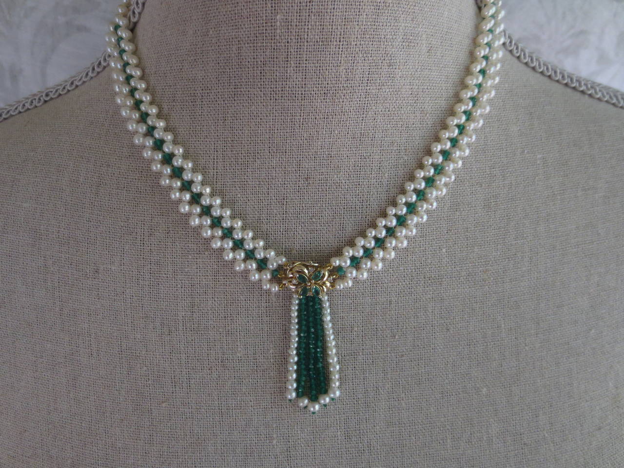Women's  Marina J. Woven Pearl & Emerald Necklace with 14k Yellow Gold Centerpiece-Clasp