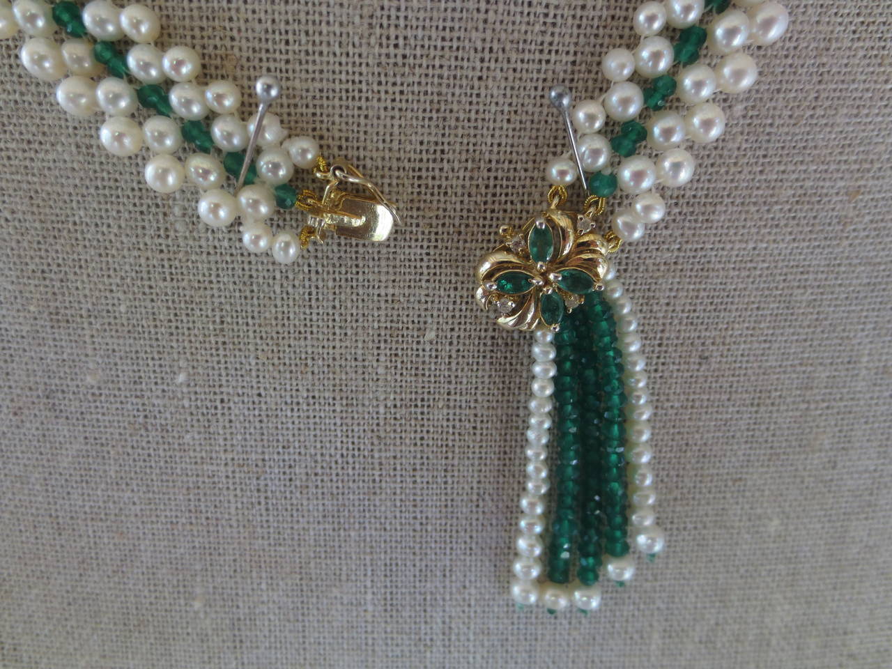 Artist  Marina J. Woven Pearl & Emerald Necklace with 14k Yellow Gold Centerpiece-Clasp