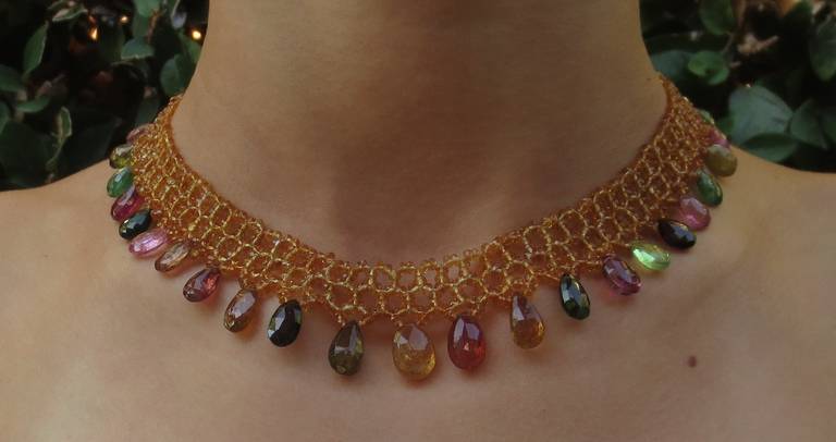 Woven Citrine Necklace with Multi-Color Tourmaline Drops and 14k Gold Clasp 2