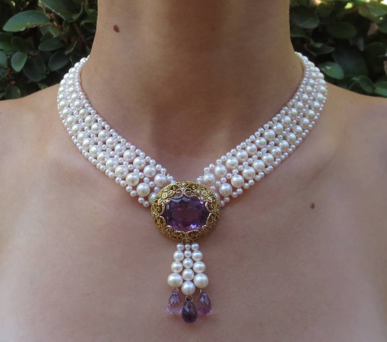 Woven Pearl Necklace with Amethyst Centerpiece In Excellent Condition In Los Angeles, CA