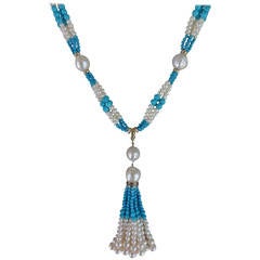 Woven Cluster Pearl and Turquoise Sautoir with Baroque Pearl Highlights 6