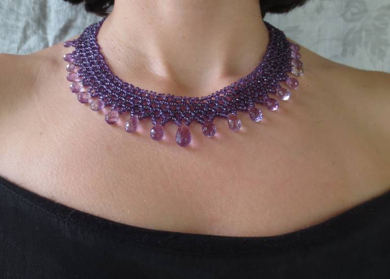 Women's Woven faceted Amethyst bead Necklace with Teardrop Amethyst briolettes.