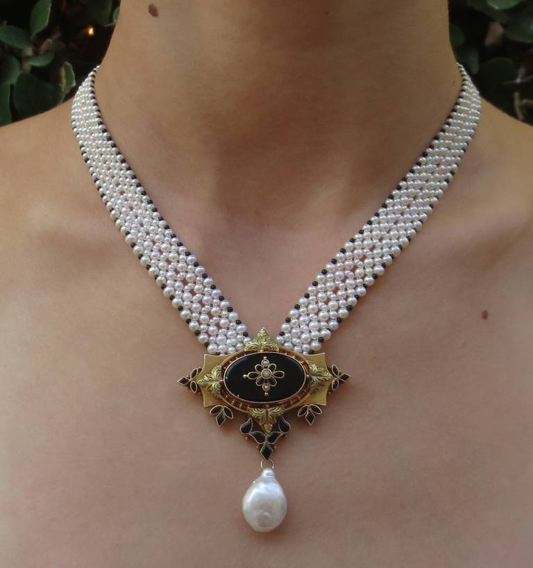 Woven Multi-Strand Pearl and Onyx Necklace with Antique Victorian Centerpiece 4