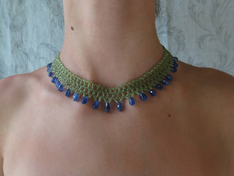 Artist Marina J. Woven Peridot, Iolite, Gold Necklace