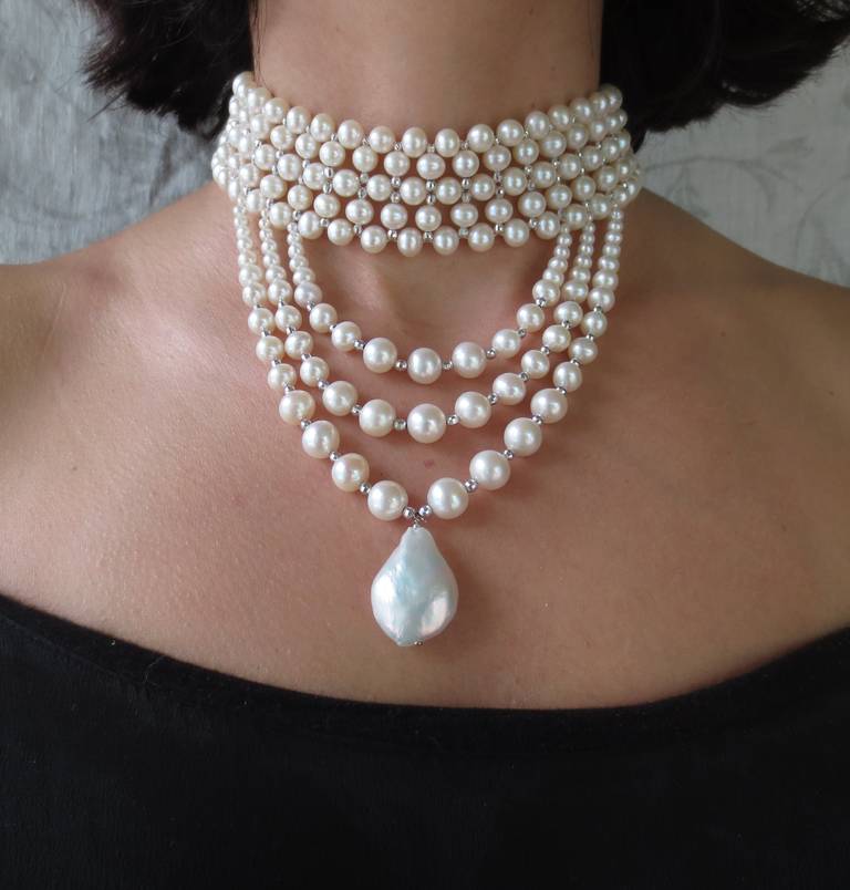 Women's Woven Pearl Draped Choker with Sliding Clasp and Large Baroque Pearl