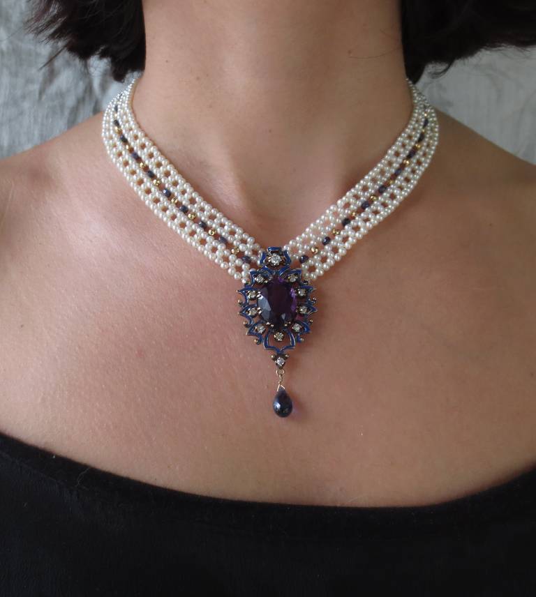 Women's Enamel Pearl Amethyst Necklace