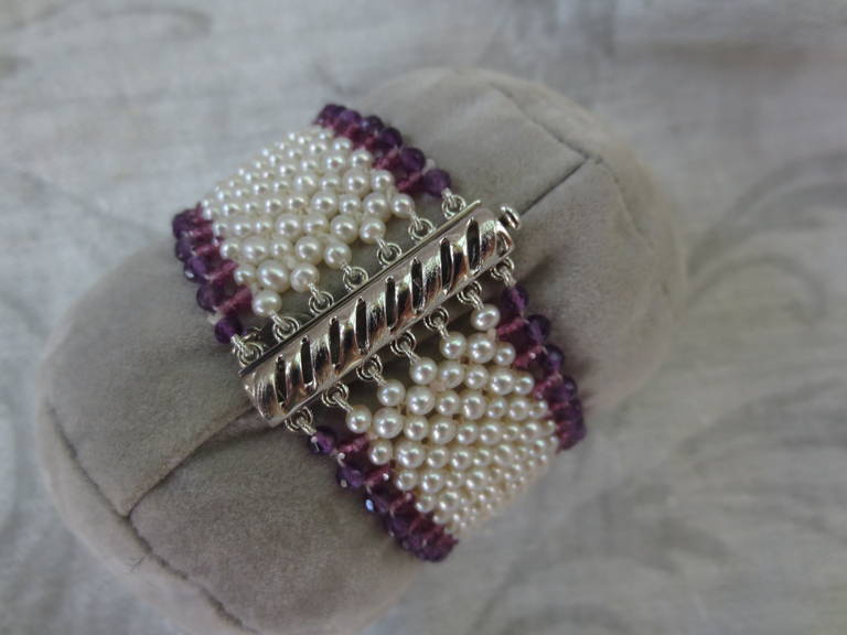 Woven Pearl and Amethyst Bracelet with Vintage Enameled Floral Centerpiece 1