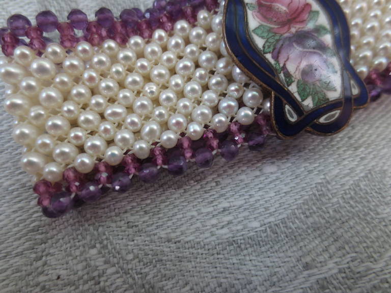 Contemporary Woven Pearl and Amethyst Bracelet with Vintage Enameled Floral Centerpiece