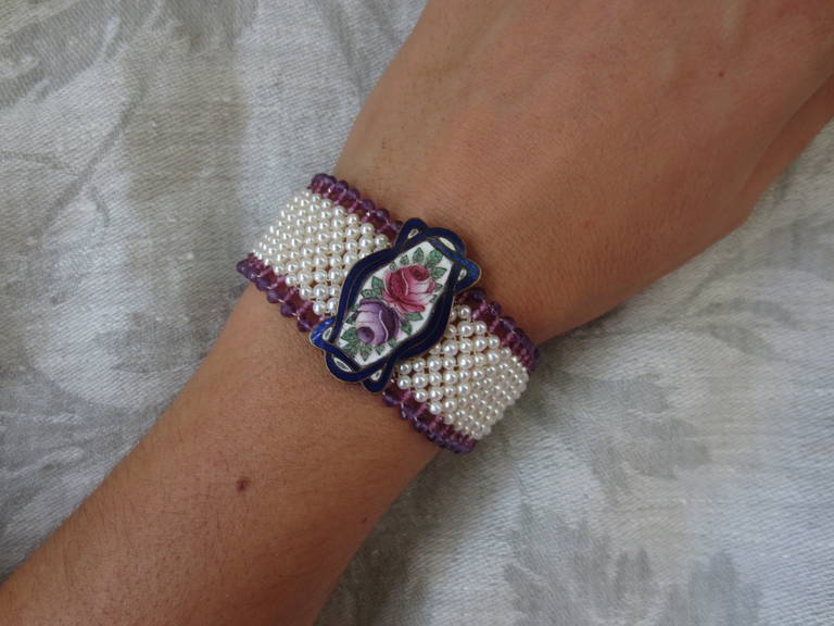 Woven Pearl and Amethyst Bracelet with Vintage Enameled Floral Centerpiece In New Condition In Los Angeles, CA