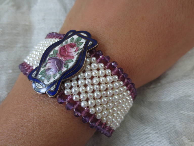 Women's Woven Pearl and Amethyst Bracelet with Vintage Enameled Floral Centerpiece