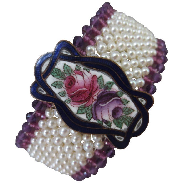 Woven Pearl and Amethyst Bracelet with Vintage Enameled Floral Centerpiece
