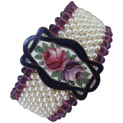 Woven Pearl and Amethyst Bracelet with Vintage Enameled Floral Centerpiece
