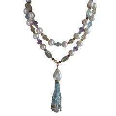 Multicolor sautoir with aquamarine tassel