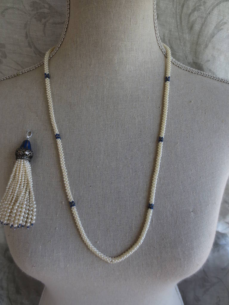Marina J. Woven Pearl, Lapis, Enamel, Silver, Gold, Custom Lariat Necklace  1