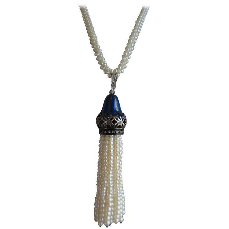 Marina J. Woven Pearl, Lapis, Enamel, Silver, Gold, Custom Lariat Necklace 