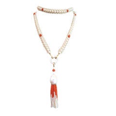 Long Woven Pearl and Coral Lariat with Large Baroque Pearl ,Gold & diamonds 7