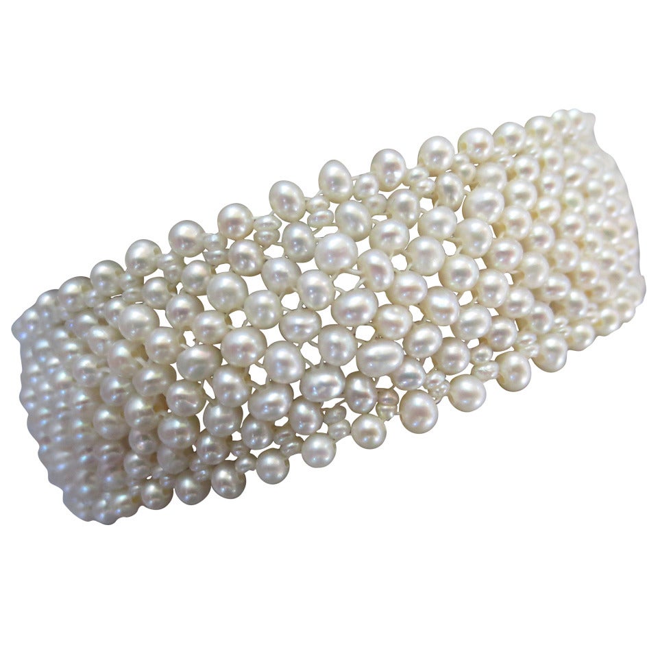 Seed Pearl Multi-Strand Woven Bracelet with 14 Karat White Gold Vintage Clasp