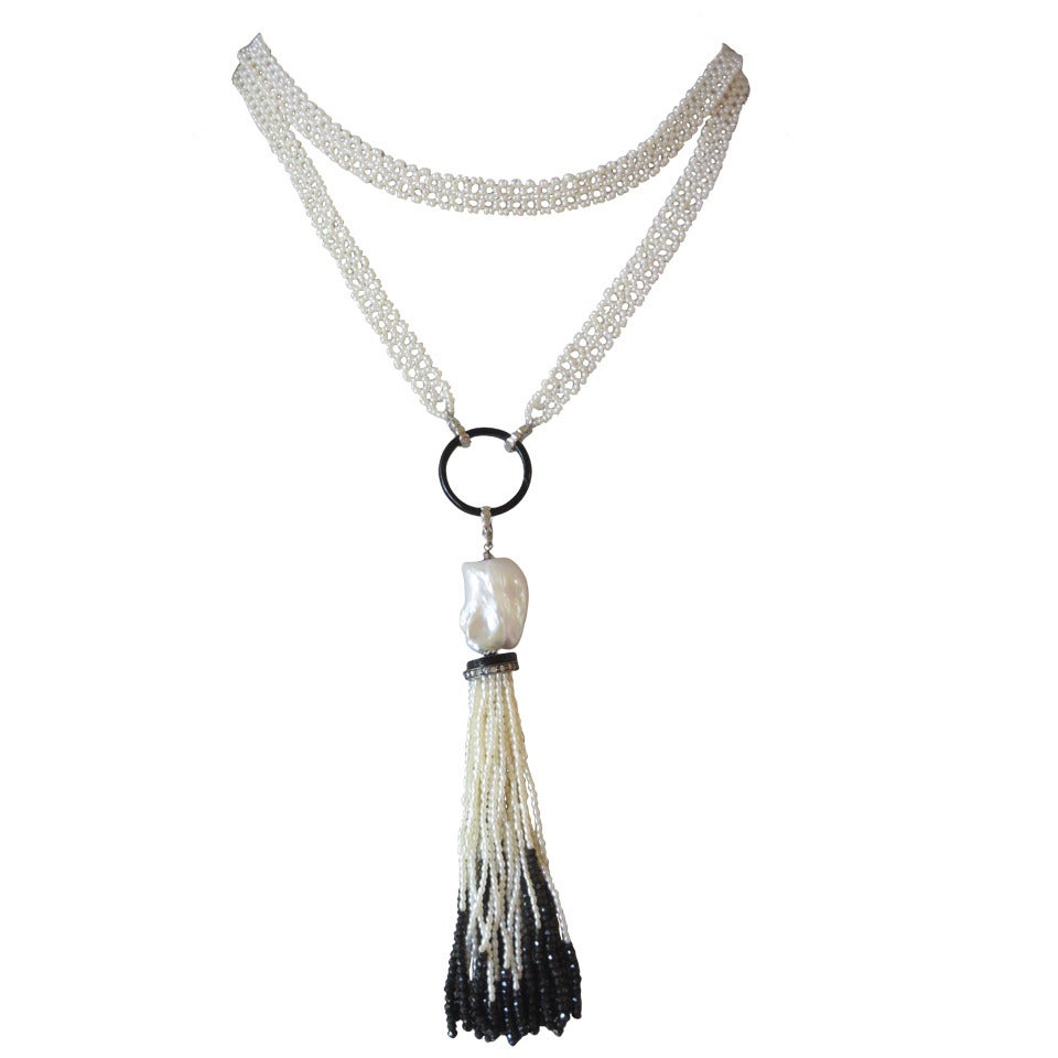 Woven White Pearl and Black Onyx Sautoir Necklace and Tassel with Diamonds