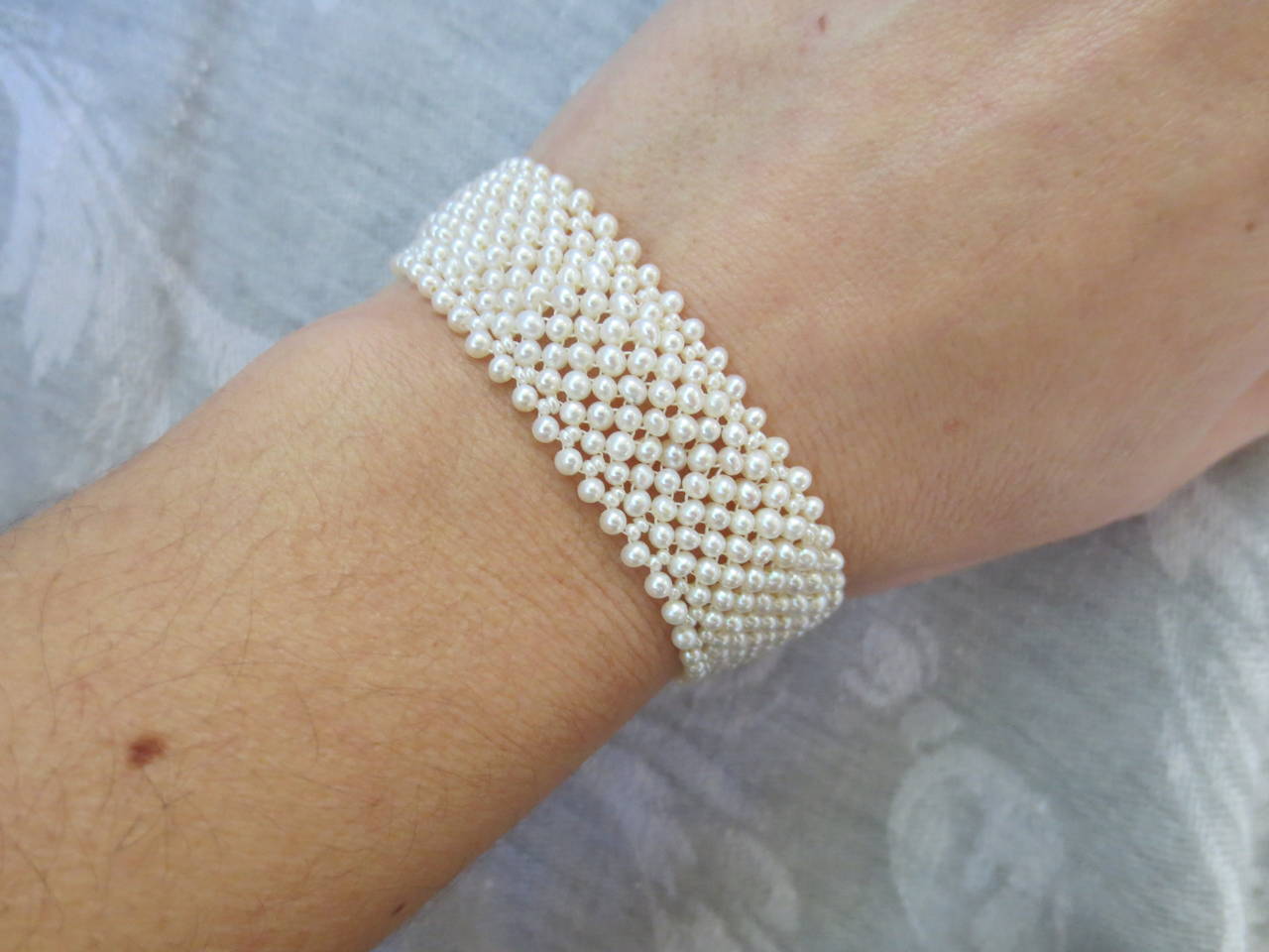 Women's Seed Pearl Multi-Strand Woven Bracelet with 14 Karat White Gold Vintage Clasp