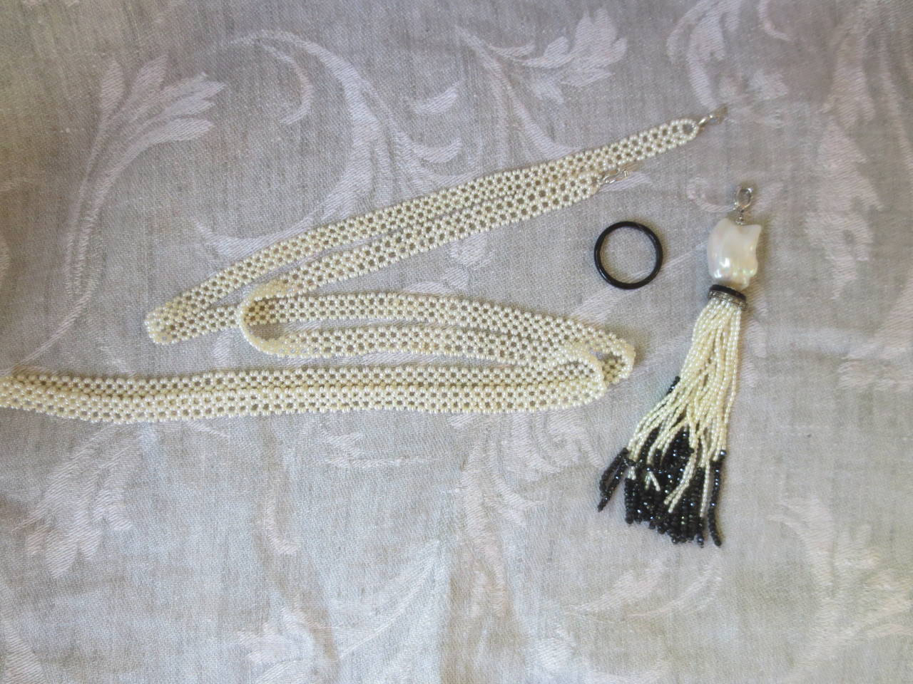 Woven White Pearl and Black Onyx Sautoir Necklace and Tassel with Diamonds 3