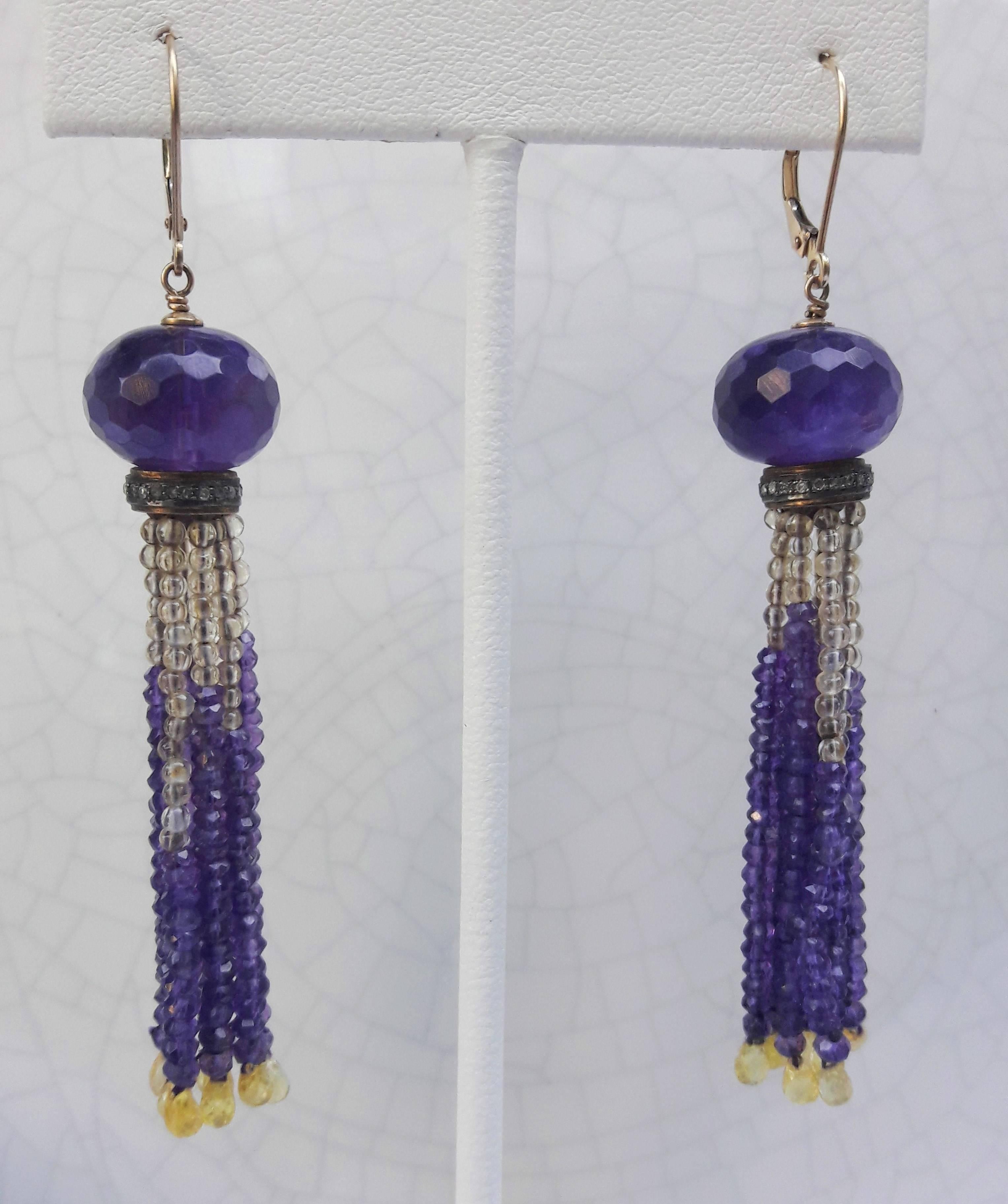 Artisan Marina J. Amethyst, Citrine, Silver, Diamond, Gold Tassel Earrings