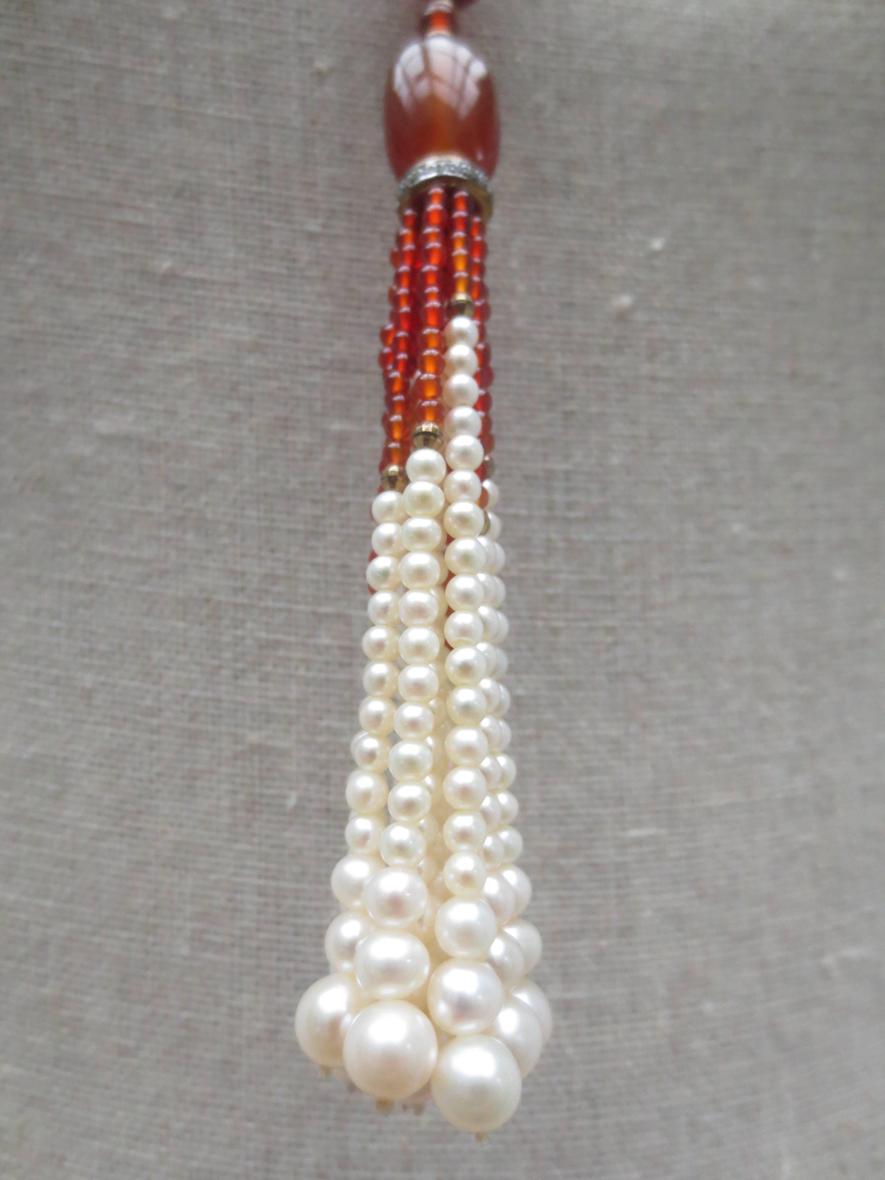 Artist Graduated Pearl  Large Carnelian Bead Tassel Lariat Necklace