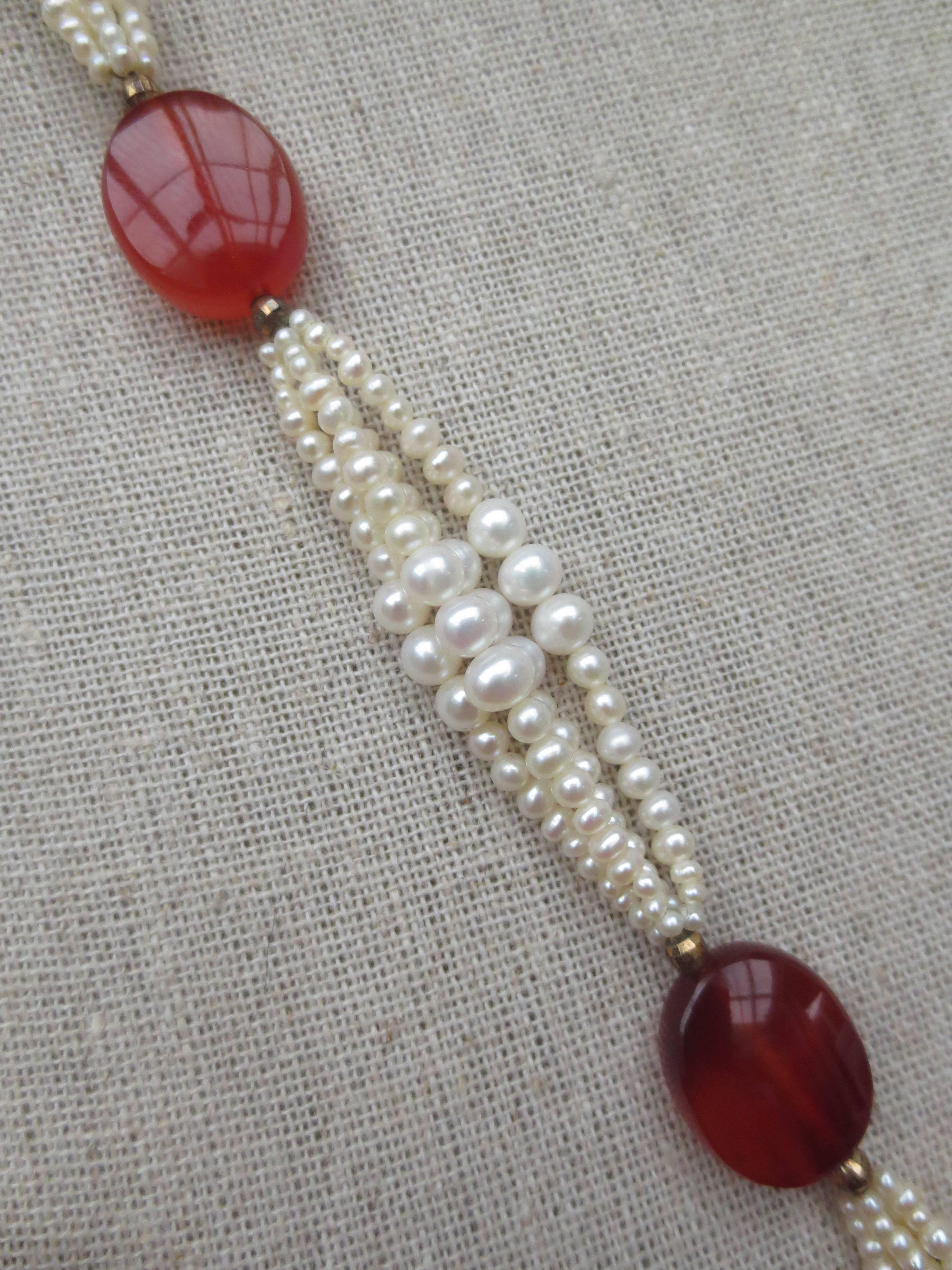 Graduated Pearl  Large Carnelian Bead Tassel Lariat Necklace 1
