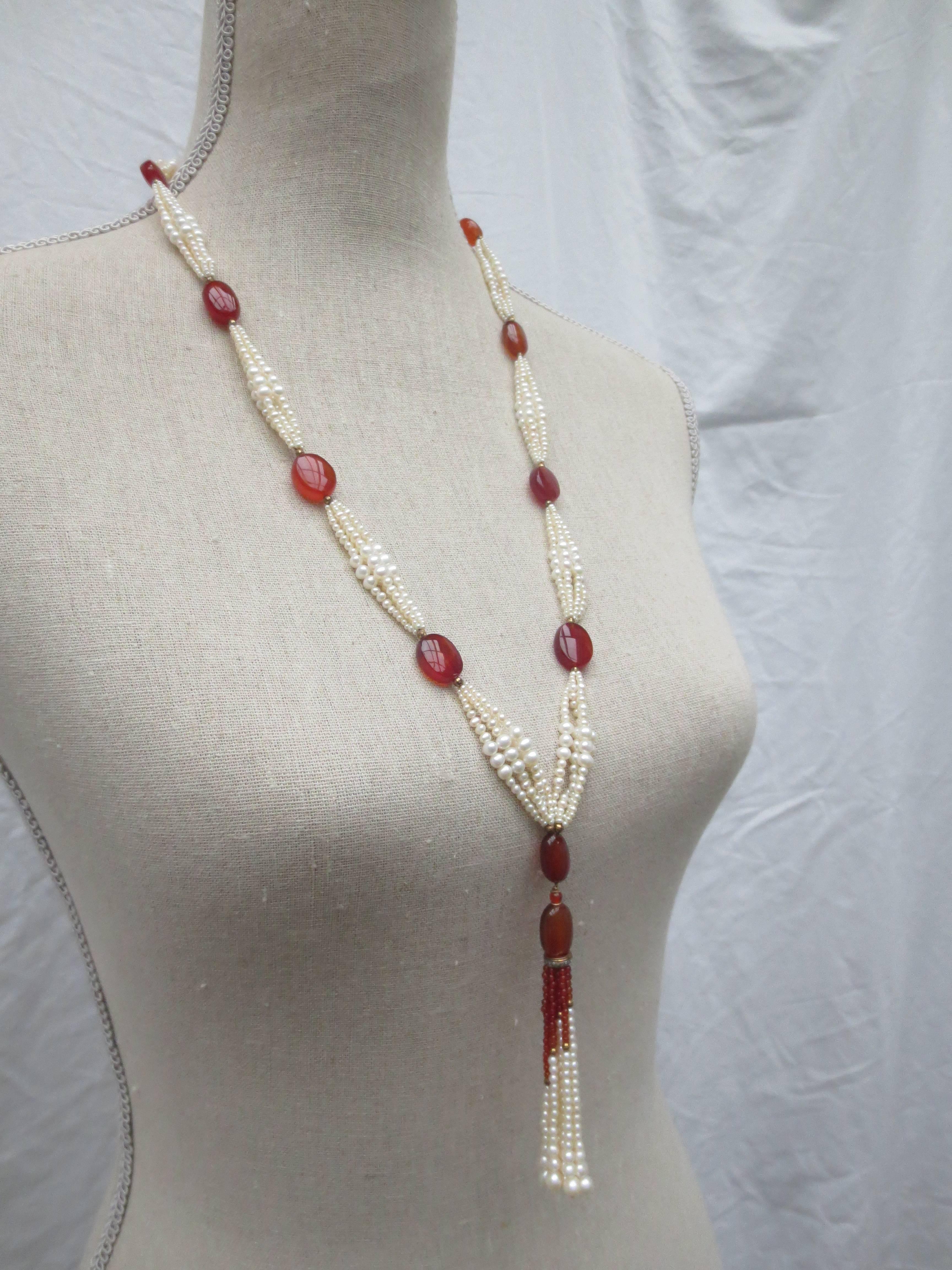 Graduated Pearl  Large Carnelian Bead Tassel Lariat Necklace 2