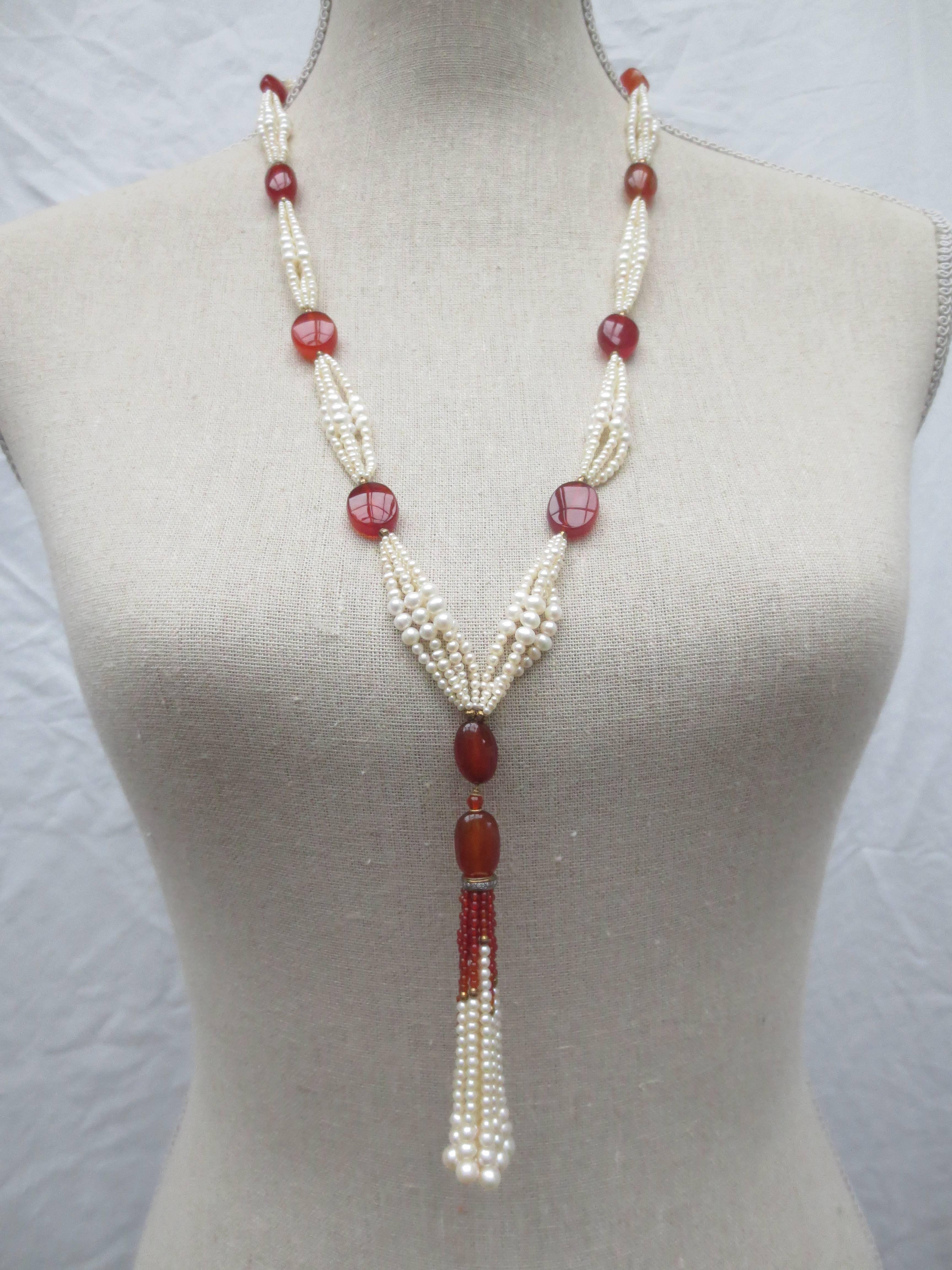 Graduated Pearl  Large Carnelian Bead Tassel Lariat Necklace 3