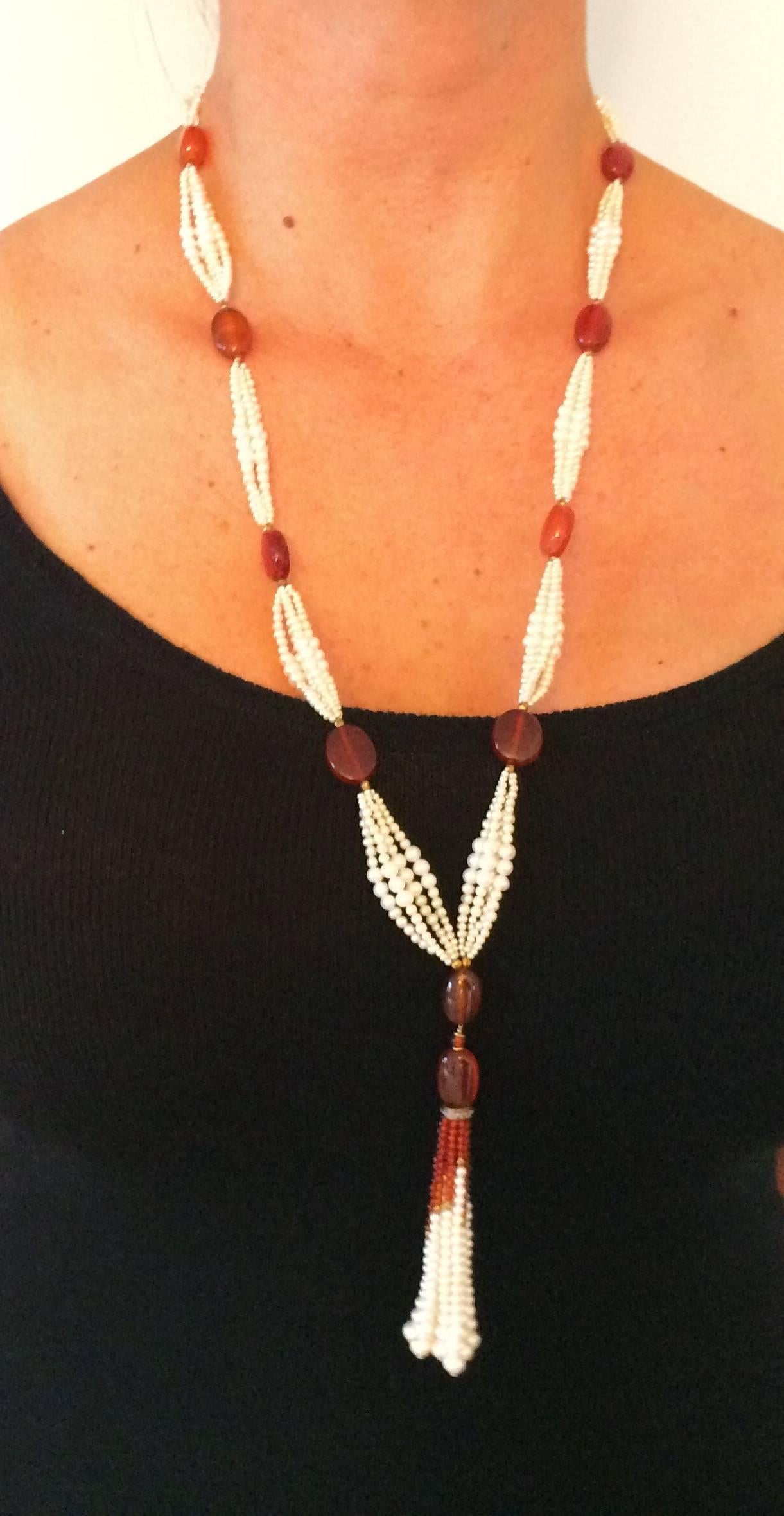 Graduated Pearl  Large Carnelian Bead Tassel Lariat Necklace 4