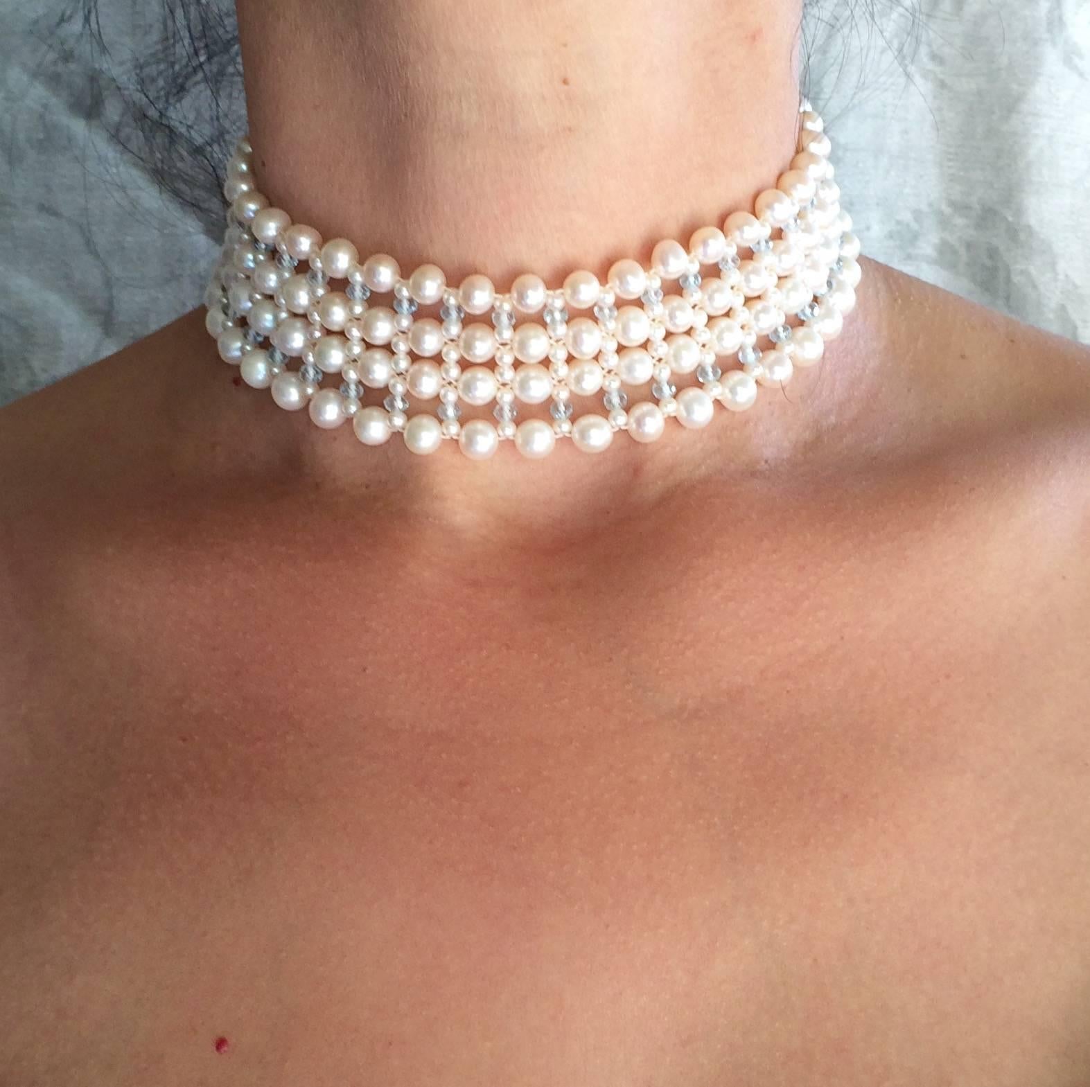 Marina J Woven Large/Small Pearl, Aquamarine, Choker Necklace In New Condition In Los Angeles, CA